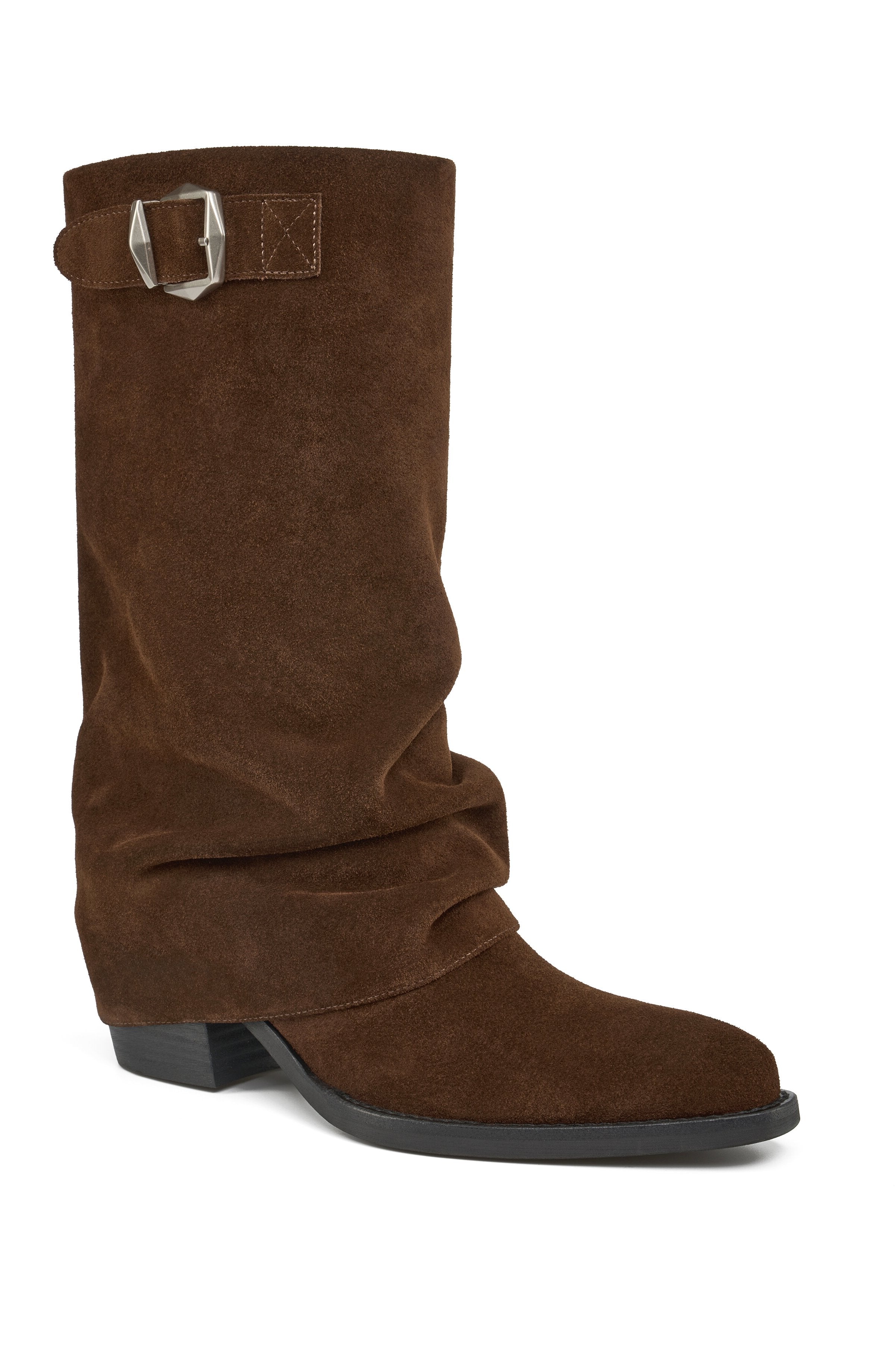 Brown suede boot with a buckle on a white background
