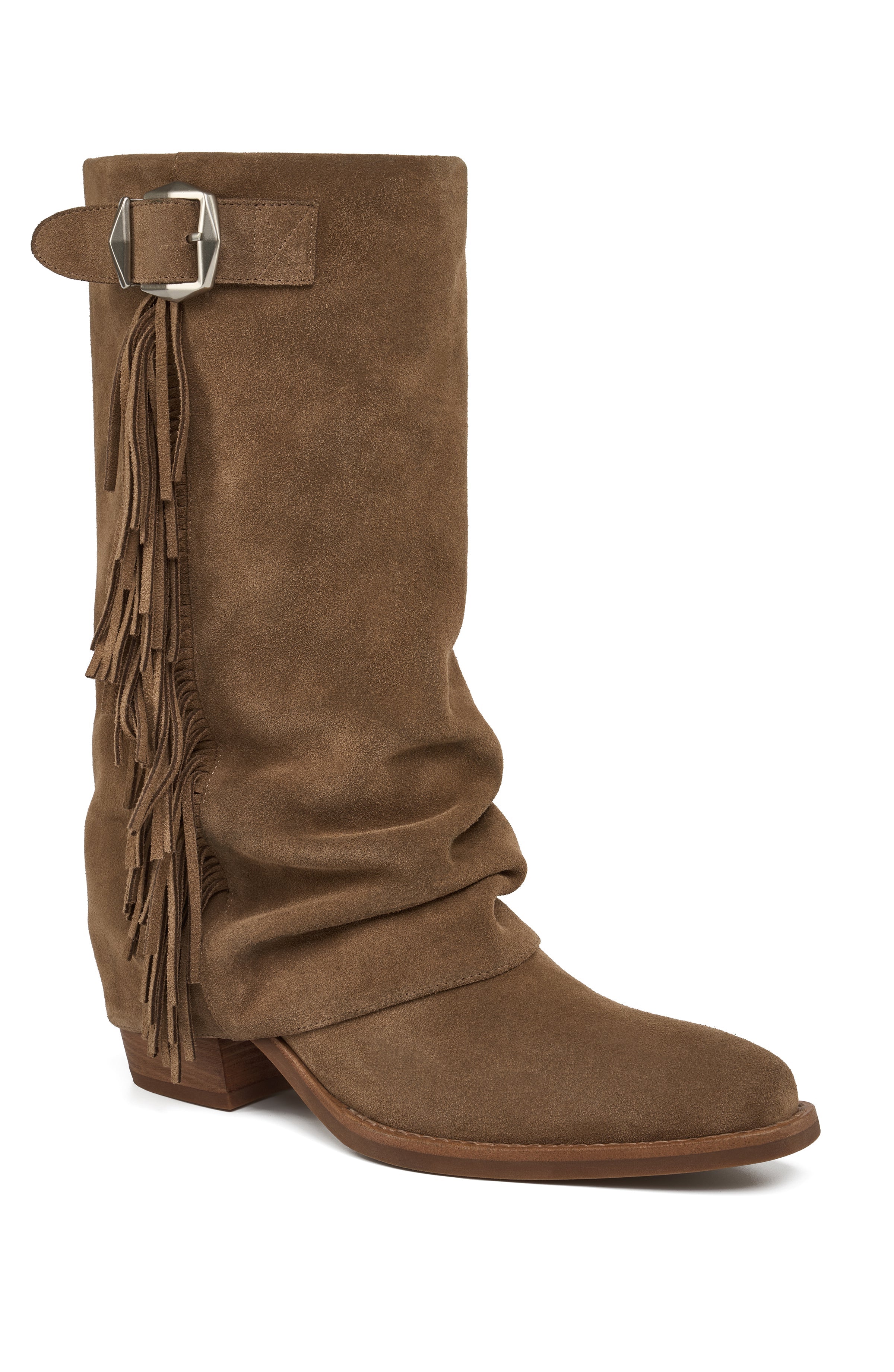 Brown suede boot with fringes and a buckle on a white background